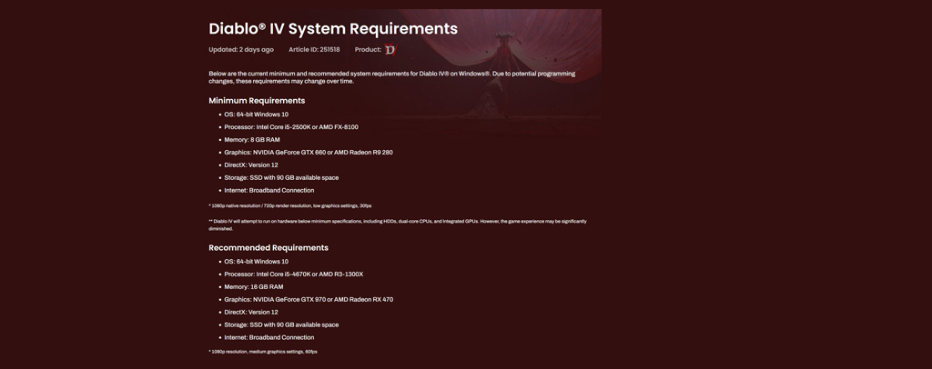 Diablo 4 PC System Requirements